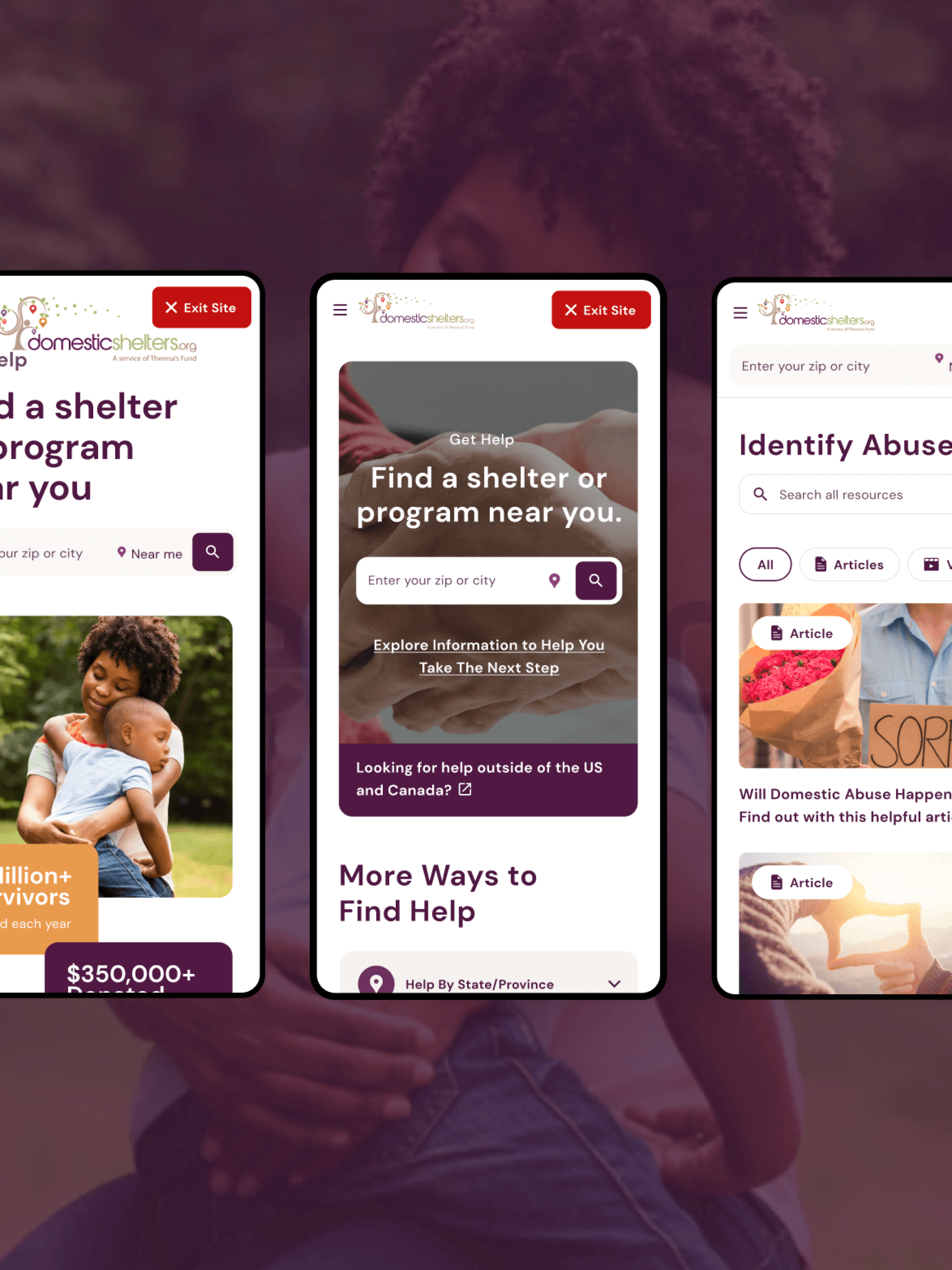 mobile screens of the non-profit website