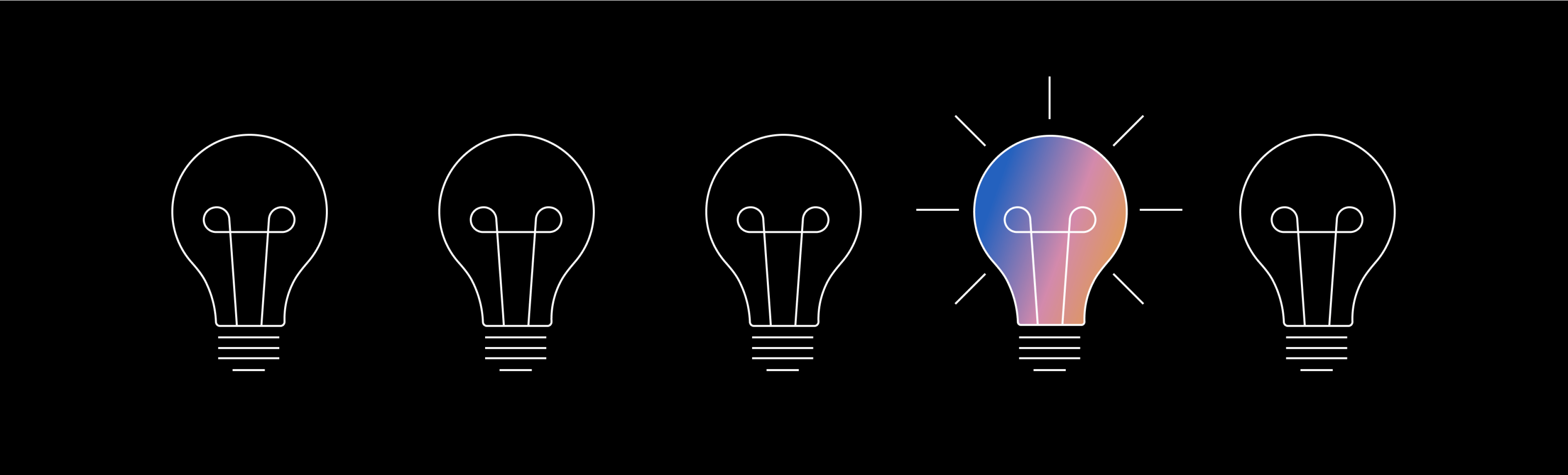 illustrations of 5 lightbulbs with one bright