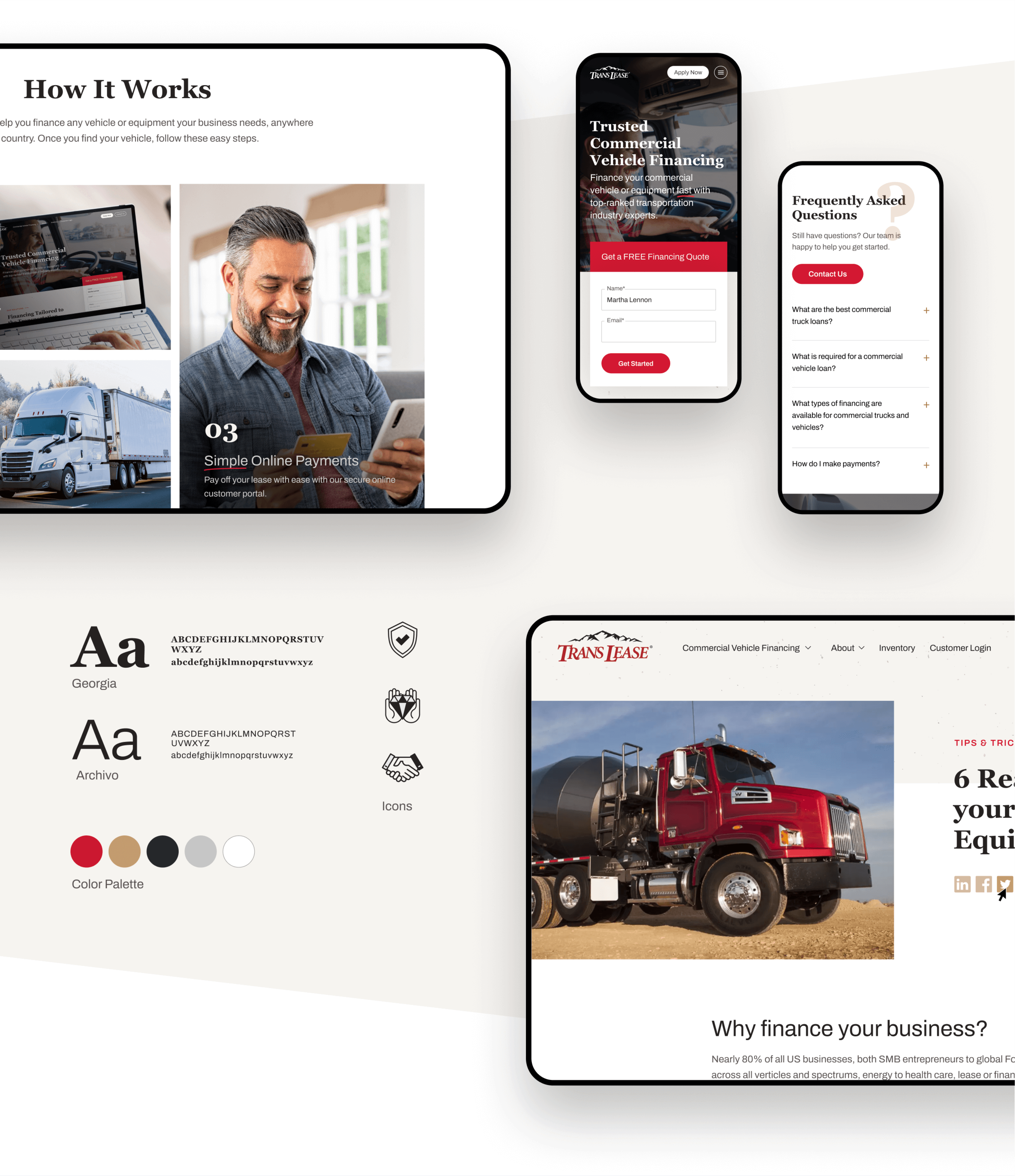 Trans Lease website shots desktop and mobile with brand elements