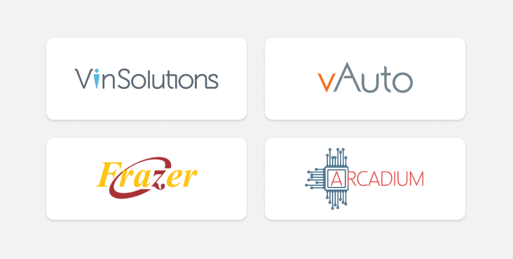 Integration logos including VinSolutions, VAuto, Frazer, Arcadium