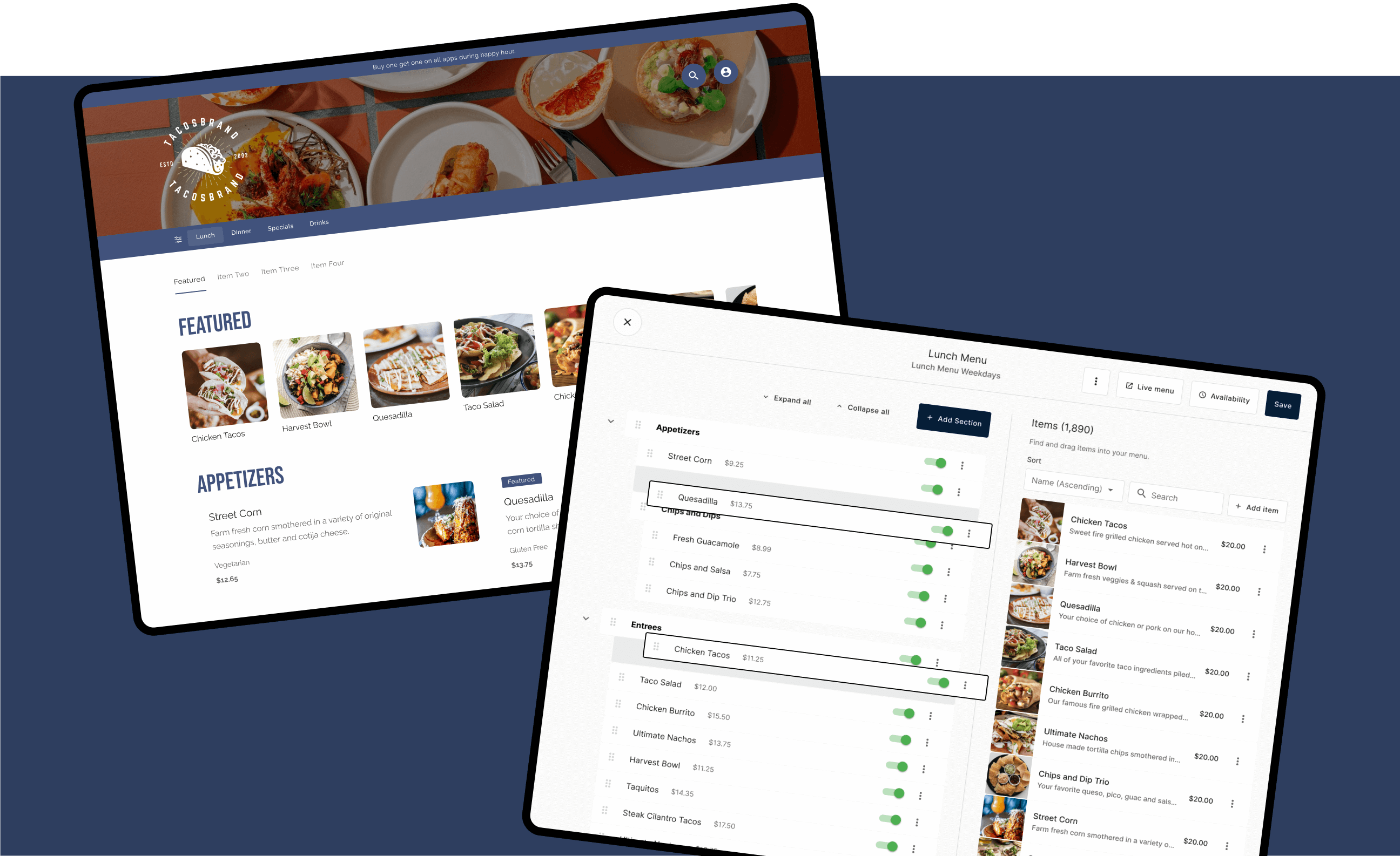 Screens of menu management software