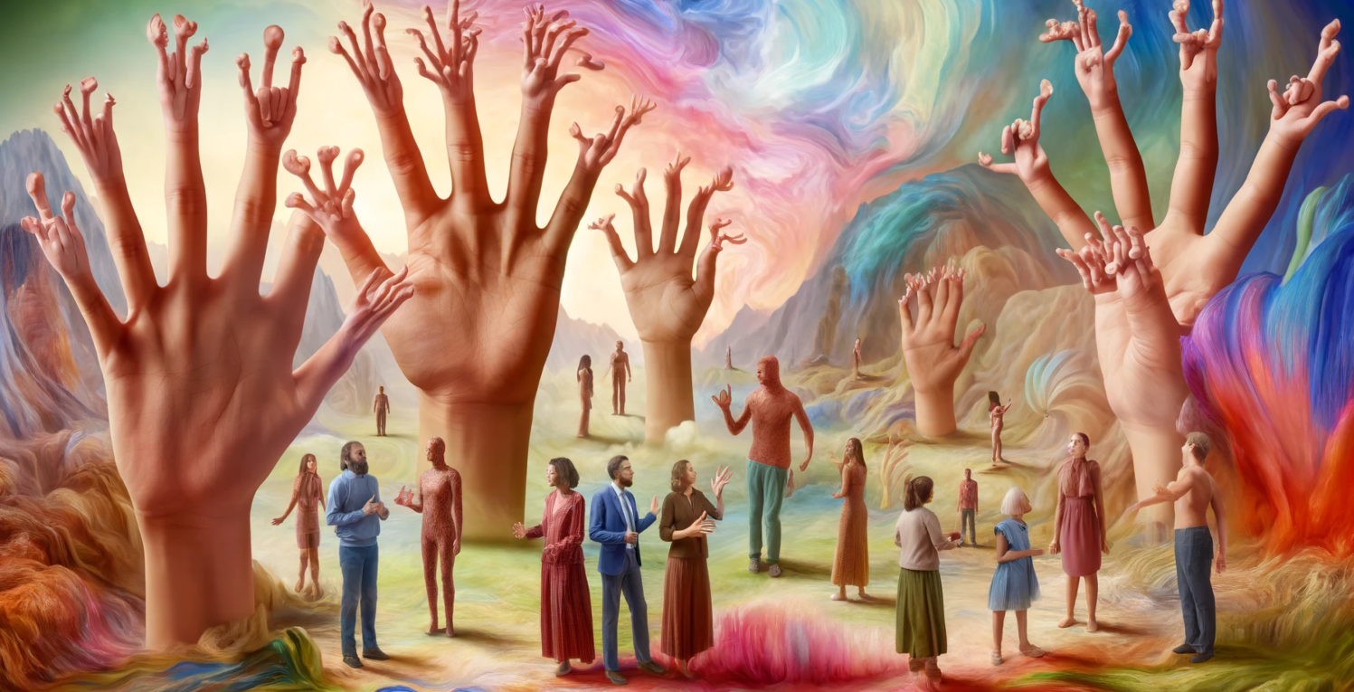 Surrealist rendering of people walking through a forest of hands with hands