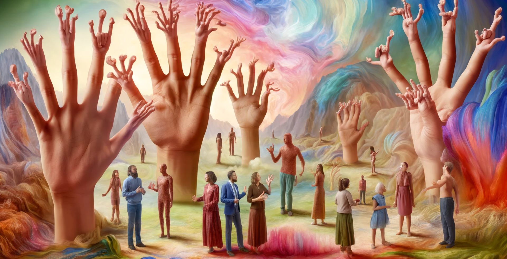 People walk through a forest of hands with hands
