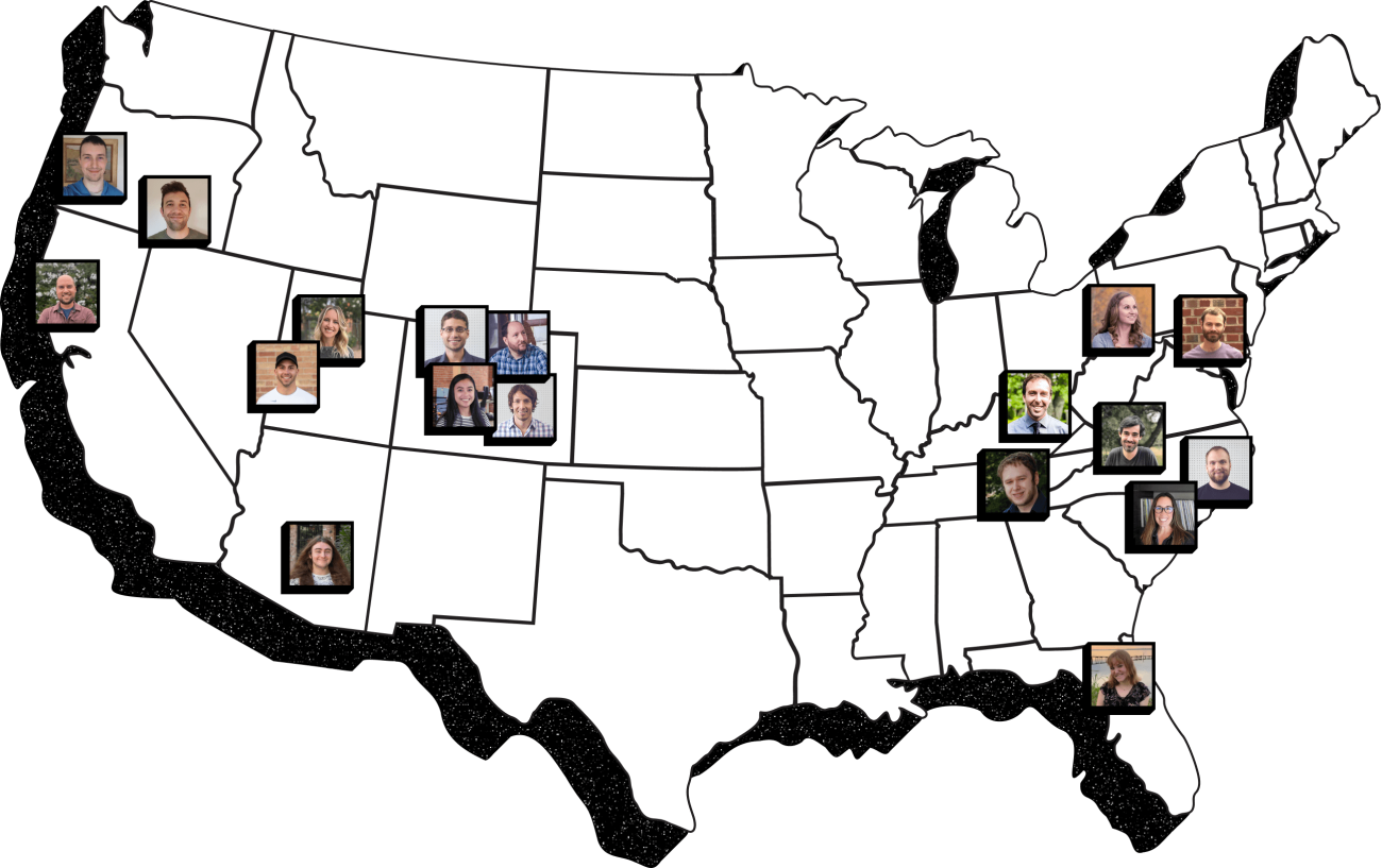 A U.S. map with headshots of By the Pixel employees in their respective home states