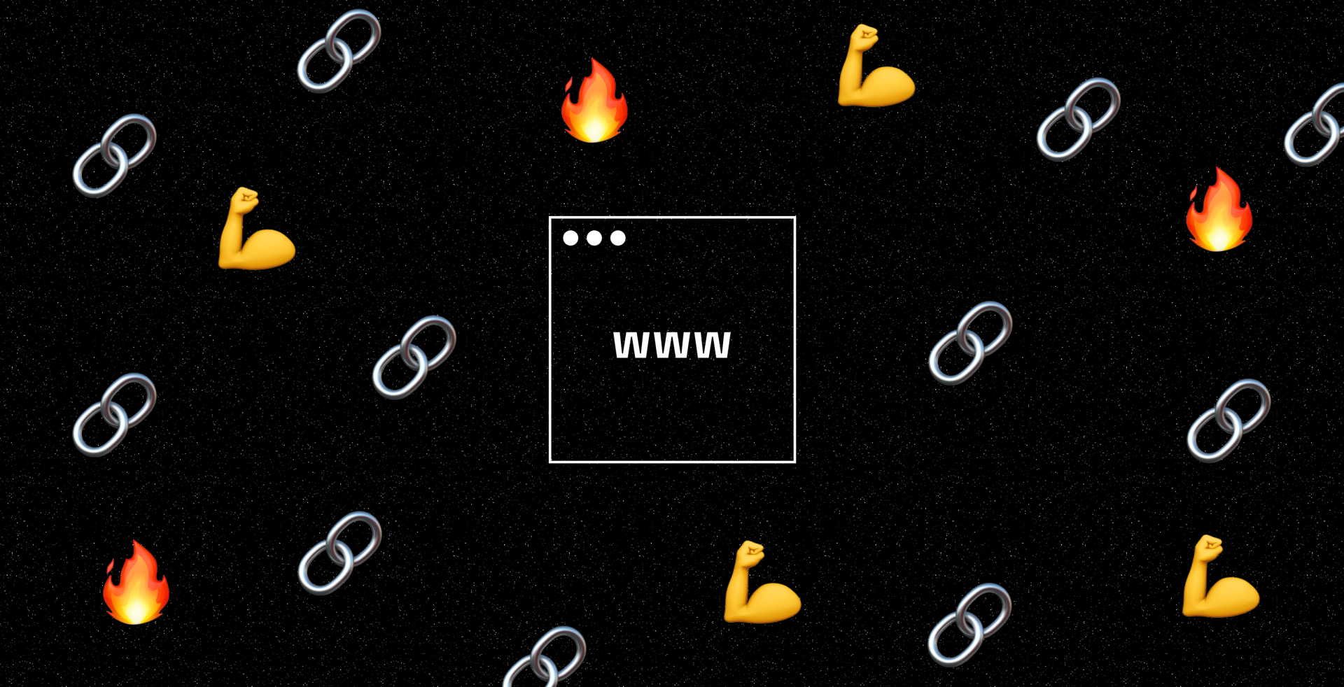 Patterned collage of links, biceps, and fire emojis on a black background
